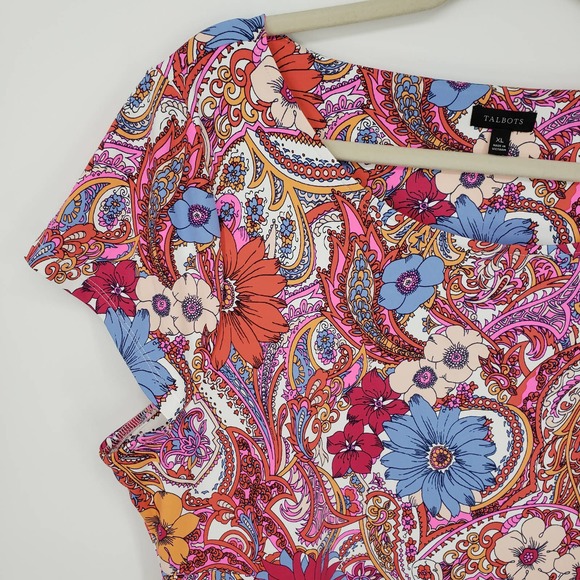 Talbots Island Floral Paisley Dress XL Knot Tie Catalina Cloth Short Sleeve Pink - Picture 6 of 13